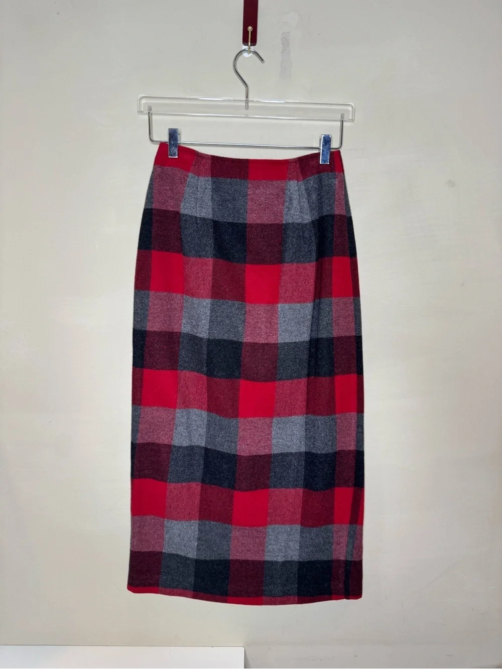 Vintage Old Navy Plaid Wool Blend Wrap Midi Skirt Size 4 Red Gray Black